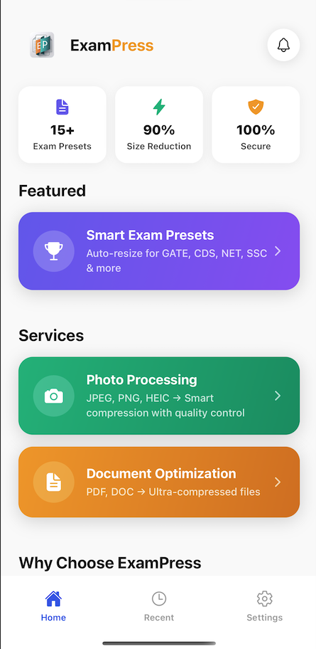 ExamPress Mobile App Home Screen